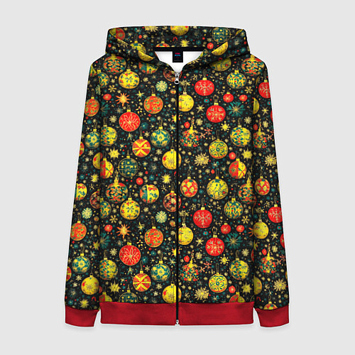 Женская толстовка на молнии Новогодние елочные шары / 3D-Красный – фото 1