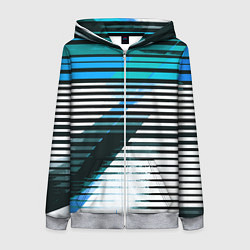 Толстовка на молнии женская Сине-чёрные полосы на белом фоне, цвет: 3D-меланж