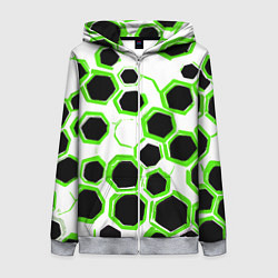 Толстовка на молнии женская Чёрно-зелёные шестиугольники на белом фоне, цвет: 3D-меланж