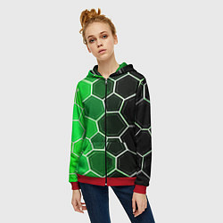 Толстовка на молнии женская Белые шестиугольники на чёрно-зелёном фоне, цвет: 3D-красный — фото 2