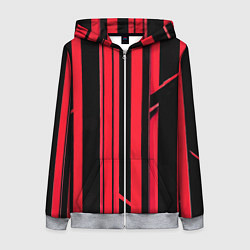 Толстовка на молнии женская Толстые красные полосы на чёрном фоне, цвет: 3D-меланж