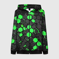 Толстовка на молнии женская Зелёно-серые шестиугольники на чёрном фоне, цвет: 3D-черный