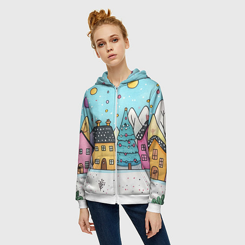 Женская толстовка на молнии Новогодние рисованные домики / 3D-Белый – фото 3
