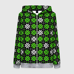 Толстовка на молнии женская Бело-зелёные звёзды на чёрном фоне, цвет: 3D-меланж