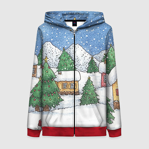 Женская толстовка на молнии Домики и елки - новый год / 3D-Красный – фото 1