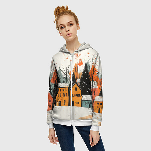 Женская толстовка на молнии Оранжевые зимние домики / 3D-Белый – фото 3
