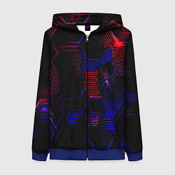Толстовка на молнии женская Красно-синие точки и линии на чёрном фоне, цвет: 3D-синий