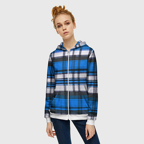 Женская толстовка на молнии Сине-белая ткань в клетку / 3D-Белый – фото 3