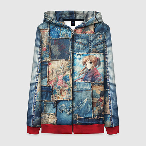 Женская толстовка на молнии Аниме влюбленные на пэчворк / 3D-Красный – фото 1