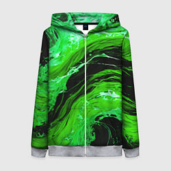 Толстовка на молнии женская Зелёные брызги на чёрном фоне, цвет: 3D-меланж