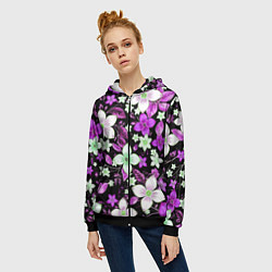 Толстовка на молнии женская Фиолетово-белые цветы на чёрном фоне, цвет: 3D-черный — фото 2