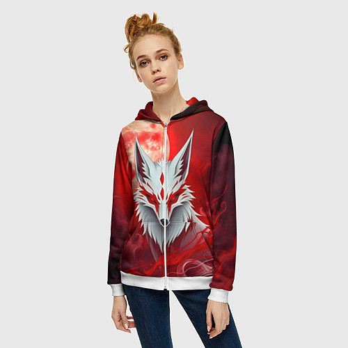 Женская толстовка на молнии Японская лиса на красном / 3D-Белый – фото 3