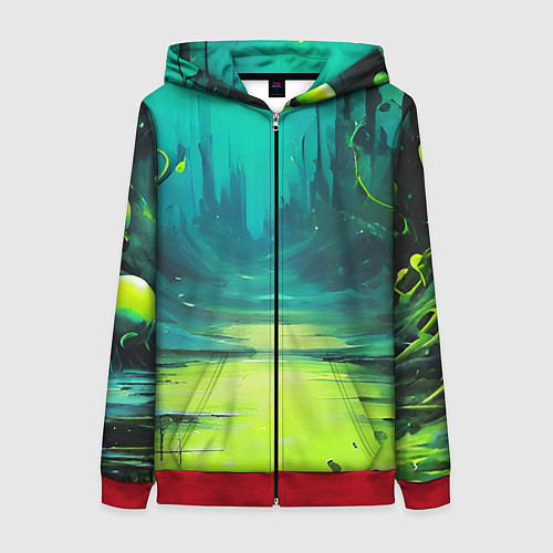 Женская толстовка на молнии Зелёная кислотная абстракция / 3D-Красный – фото 1