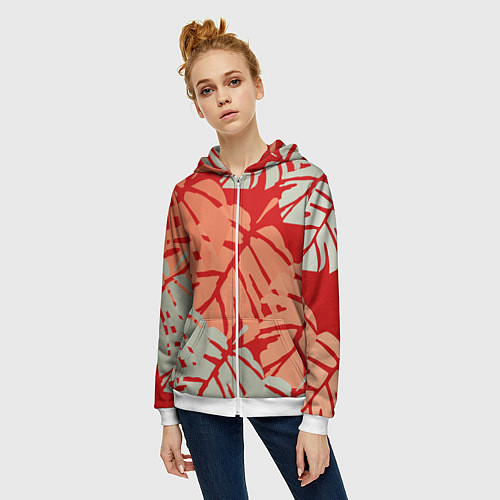 Женская толстовка на молнии Отпечатки монстеры на красном / 3D-Белый – фото 3