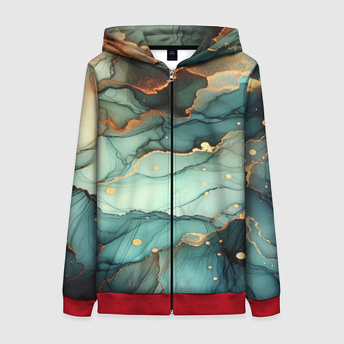 Женская толстовка на молнии Бирюзовый узор с оранжевыми вставками / 3D-Красный – фото 1