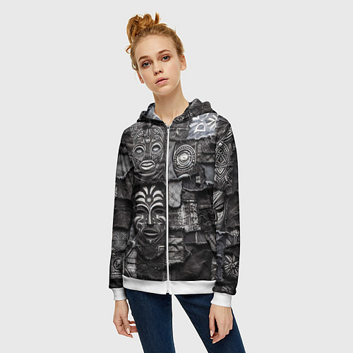 Женская толстовка на молнии Пэчворк с африканскими масками / 3D-Белый – фото 3