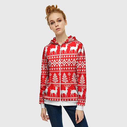 Женская толстовка на молнии Новогодние мотивы елки и олени на красном / 3D-Белый – фото 3