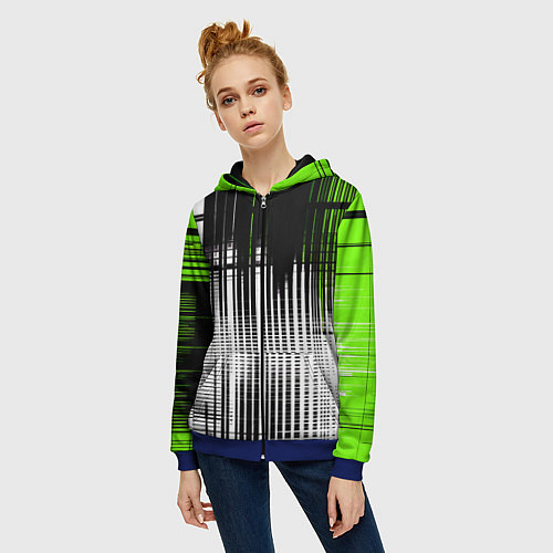 Женская толстовка на молнии Зелёно-чёрный гранж на белом фоне / 3D-Синий – фото 3