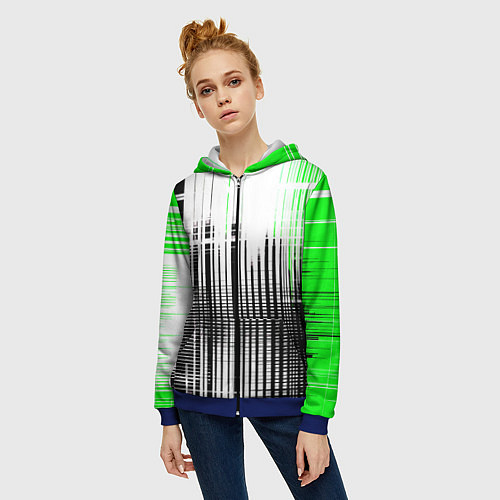 Женская толстовка на молнии Зелёно-чёрный гранж на белом фоне / 3D-Синий – фото 3
