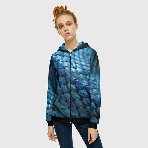 Женская толстовка на молнии Голубая кожа змеи / 3D-Черный – фото 3