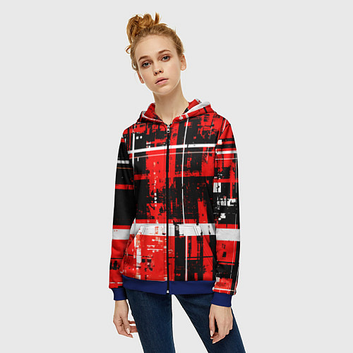 Женская толстовка на молнии Красно-белый гранж на чёрном фоне / 3D-Синий – фото 3