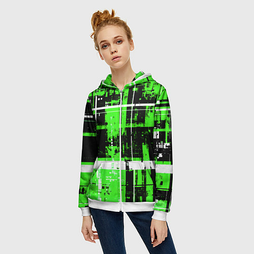 Женская толстовка на молнии Зелёно-белый гранж на чёрном фоне / 3D-Белый – фото 3