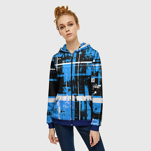Женская толстовка на молнии Сине-белый гранж на чёрном фоне / 3D-Синий – фото 3