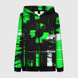 Толстовка на молнии женская Зелёно-белый гранж на чёрном фоне, цвет: 3D-черный