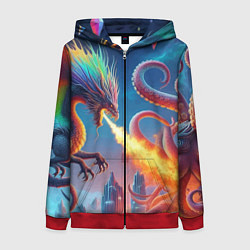 Женская толстовка на молнии Огнедышащий дракон против осьминога - нейроарт фан