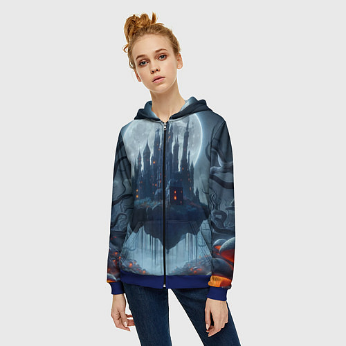 Женская толстовка на молнии Замок Дракулы и неоновые грибы - нейроарт фантазия / 3D-Синий – фото 3