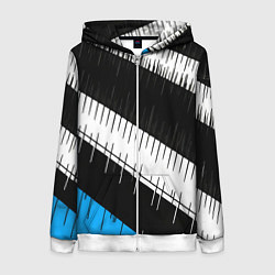 Толстовка на молнии женская Диагональные чёрно-белые полосы на синем фоне, цвет: 3D-белый