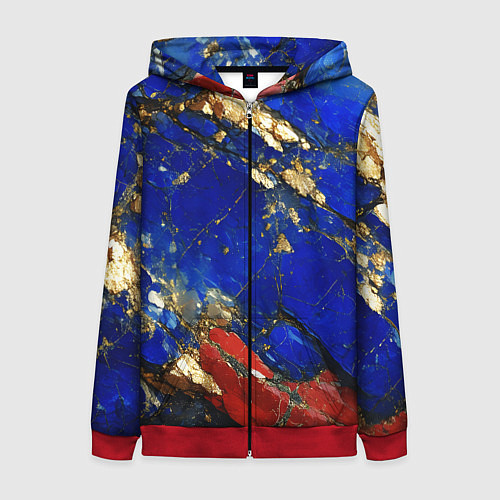 Женская толстовка на молнии Золотой и красный минерал в синем камне / 3D-Красный – фото 1