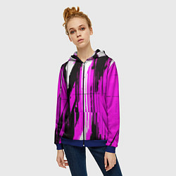 Толстовка на молнии женская Вертикальные чёрно-белые линии на розовом фоне, цвет: 3D-синий — фото 2