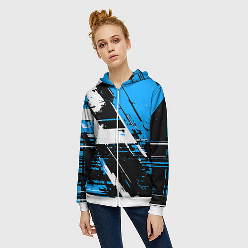 Женская толстовка на молнии Diagonal black and white stripes on a blue backgro / 3D-Белый – фото 3