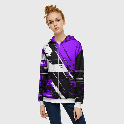 Женская толстовка на молнии Diagonal black and white stripes on a purple backg / 3D-Белый – фото 3