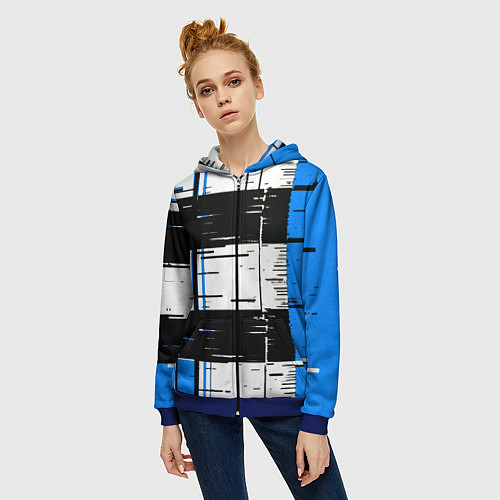 Женская толстовка на молнии Синие и чёрные полосы на белом фоне / 3D-Синий – фото 3