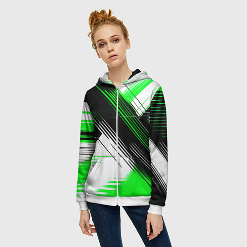 Женская толстовка на молнии Диагональные зелёно-чёрные линии на белом фоне / 3D-Белый – фото 3