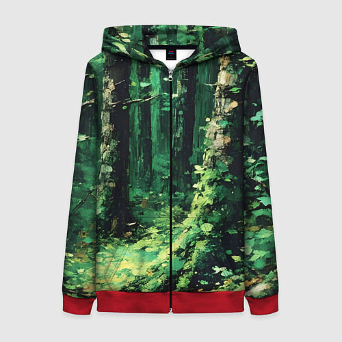 Женская толстовка на молнии Зелёный летний лес / 3D-Красный – фото 1