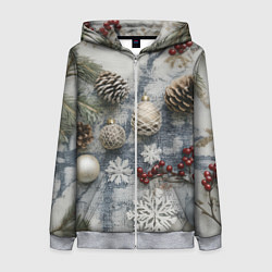 Женская толстовка на молнии Новогодние игрушки и шишки