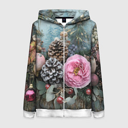 Женская толстовка на молнии Новогодние цветы и шишки