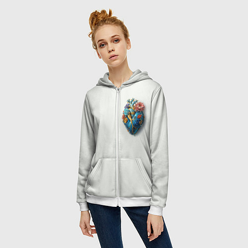 Женская толстовка на молнии Металлическое сердце кораллы и цветы / 3D-Белый – фото 3