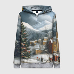 Женская толстовка на молнии Новогодняя огромная елка и маленькие домики