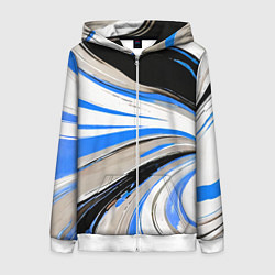 Толстовка на молнии женская Волнистые бело-синие линии на чёрном фоне, цвет: 3D-белый