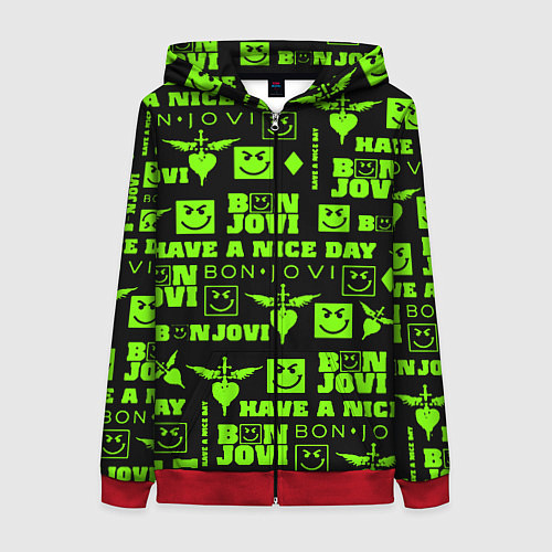 Женская толстовка на молнии Bon Jovi кислотный паттерн / 3D-Красный – фото 1