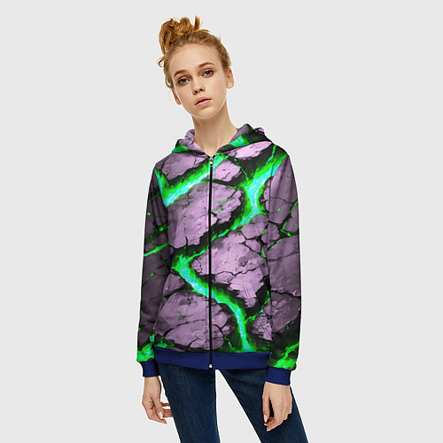 Женская толстовка на молнии Треснувший камень зелёный / 3D-Синий – фото 3