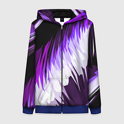 Толстовка на молнии женская Бело-фиолетовые острые полосы на чёрном фоне, цвет: 3D-синий