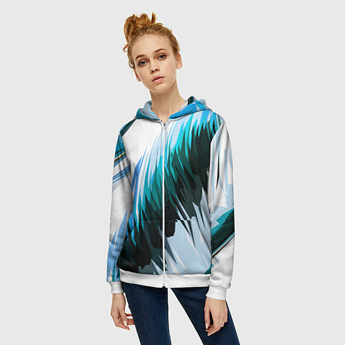 Женская толстовка на молнии Чёрно-синие острые полосы на белом фоне / 3D-Белый – фото 3