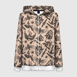 Толстовка на молнии женская Татуировка с цикадой и демоном Они - паттерн, цвет: 3D-белый