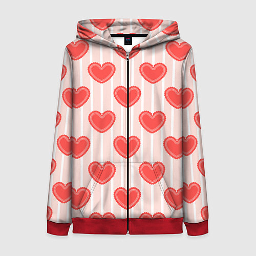 Женская толстовка на молнии Полосатый паттерн с красными ажурными сердечками / 3D-Красный – фото 1