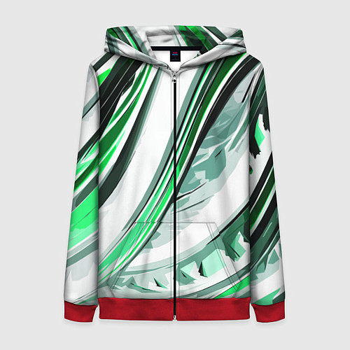 Женская толстовка на молнии Волнистая бело-зелёная абстракция / 3D-Красный – фото 1